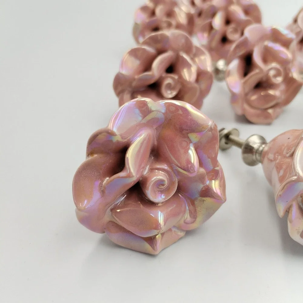 Set of 10 Vintage Pink Iridescent Ceramic Rose Cabinet Knobs Shabby Chic Flower